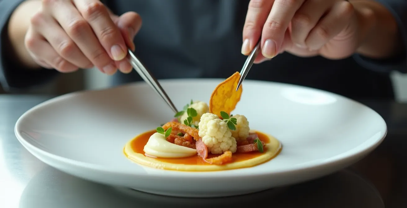 Composition monochrome d'un plat signature utilisant un seul ingrédient sous cinq formes différentes