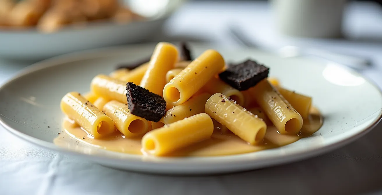 Présentation élégante du plat signature macaroni céleri rave, foie gras et truffes sur assiette de porcelaine fine