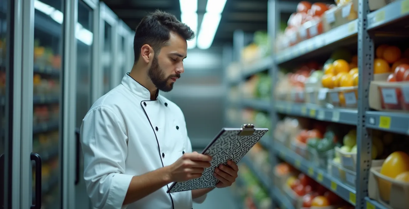 Chef vérifiant l'inventaire dans une chambre froide professionnelle