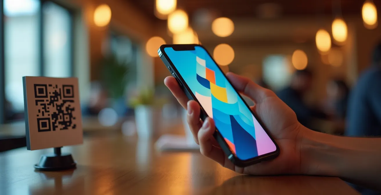 Main tenant un smartphone scannant un QR code avec interface colorée en arrière-plan