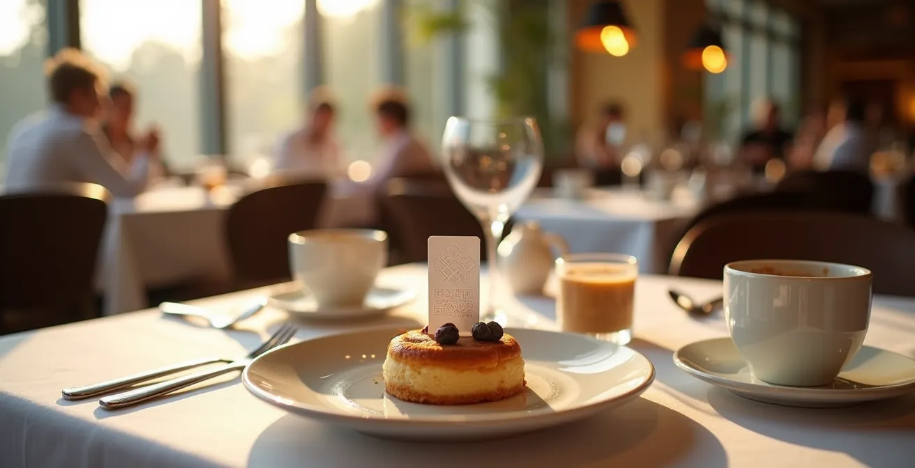 QR code élégamment disposé sur une table de restaurant au moment du dessert