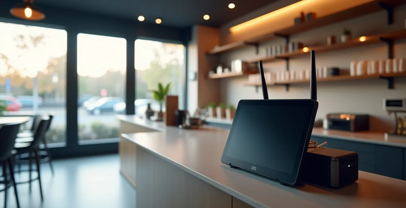 Vue large d'un restaurant moderne avec équipements réseau professionnels visibles