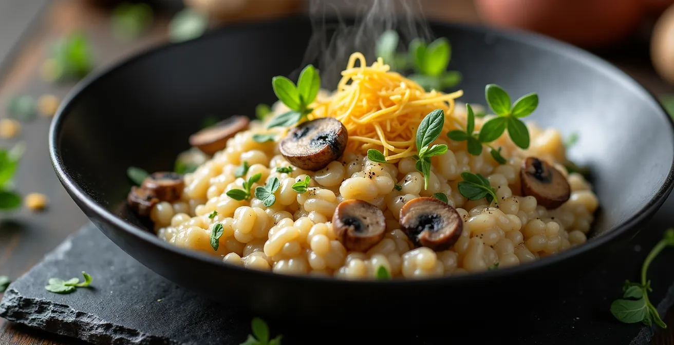 Risotto crémeux aux champignons sauvages et copeaux de truffe dans une assiette élégante, environnement gastronomique raffiné