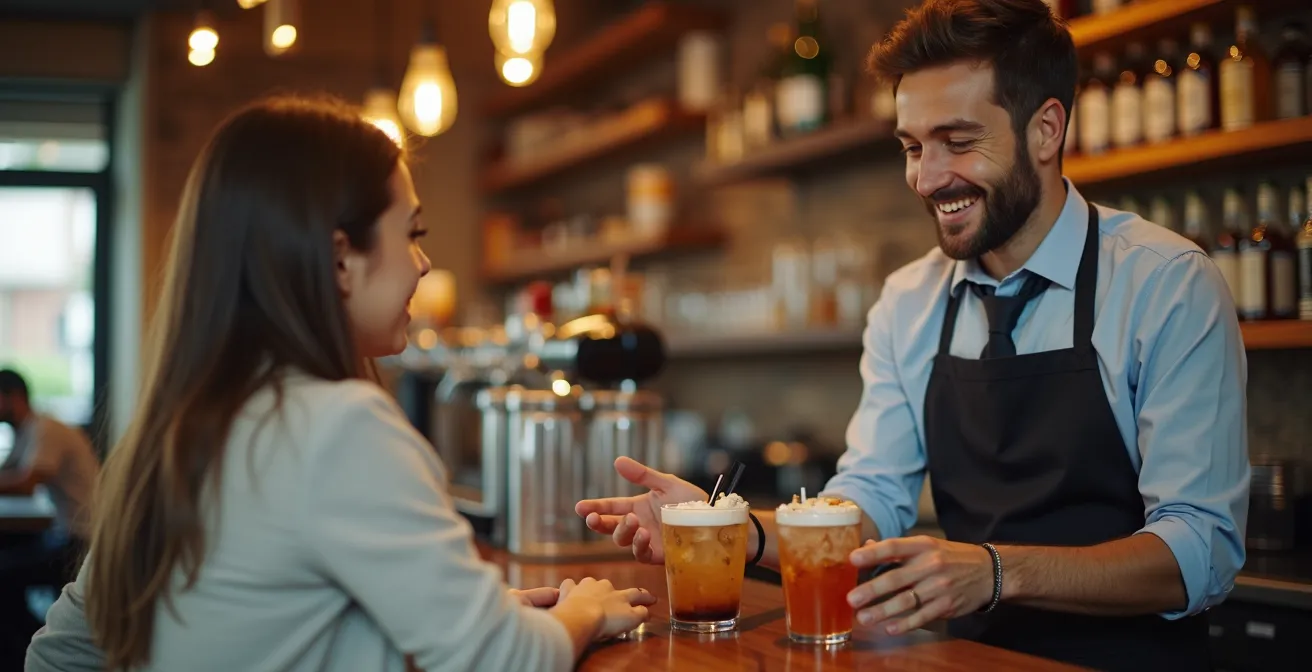 Serveur professionnel présentant une sélection de boissons à un client au comptoir d'un restaurant