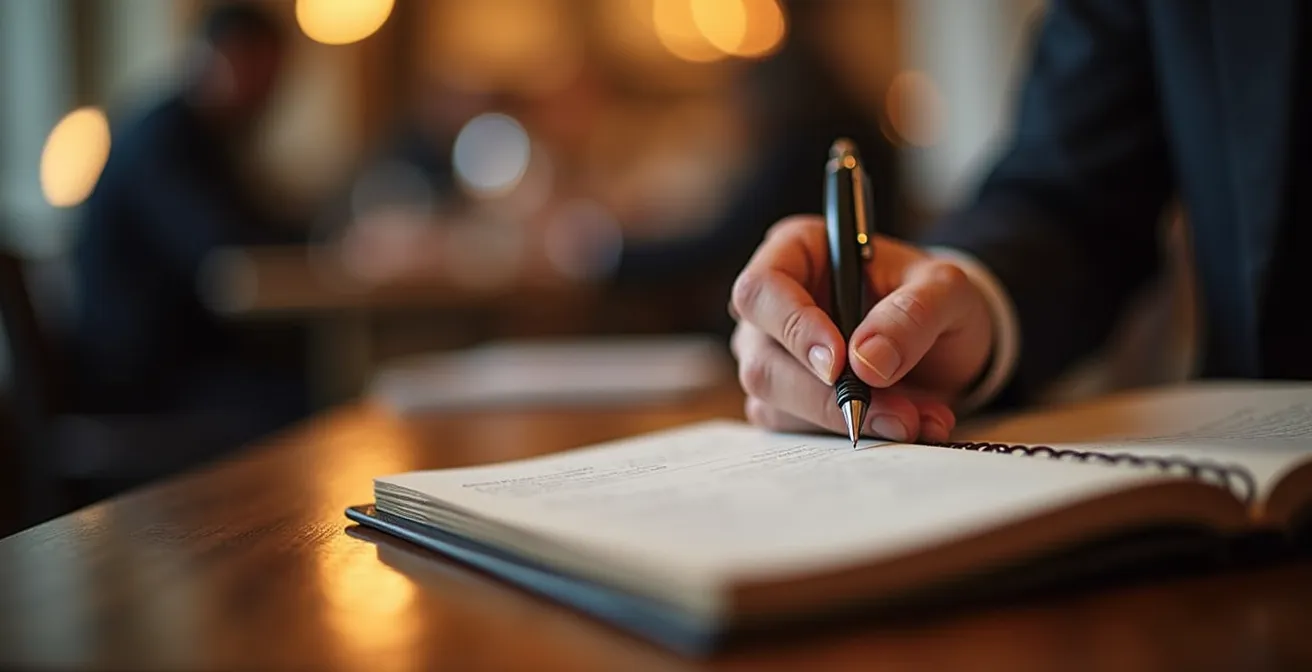 Serveur notant discrètement les préférences d'un client régulier dans un carnet élégant