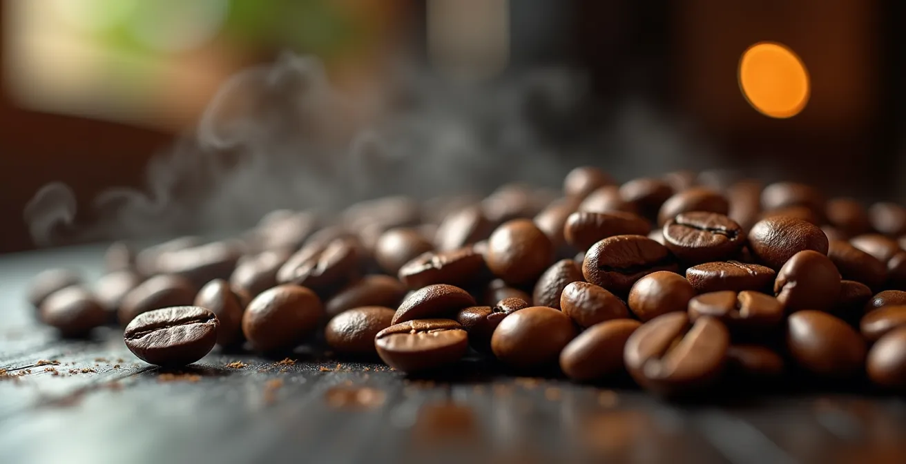 Grains de café premium dans un environnement de torréfaction artisanale avec mise en scène qualitative