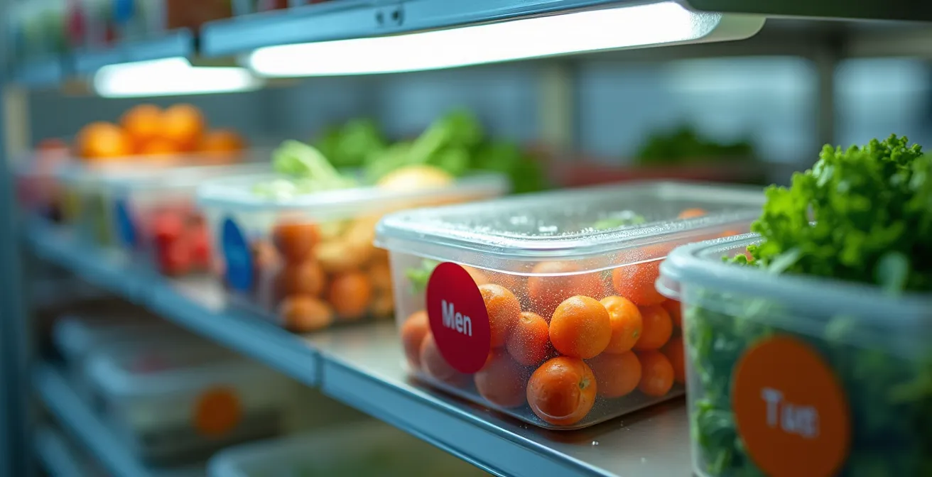 Système de marquage visuel FEFO avec pastilles colorées dans une chambre froide de restaurant