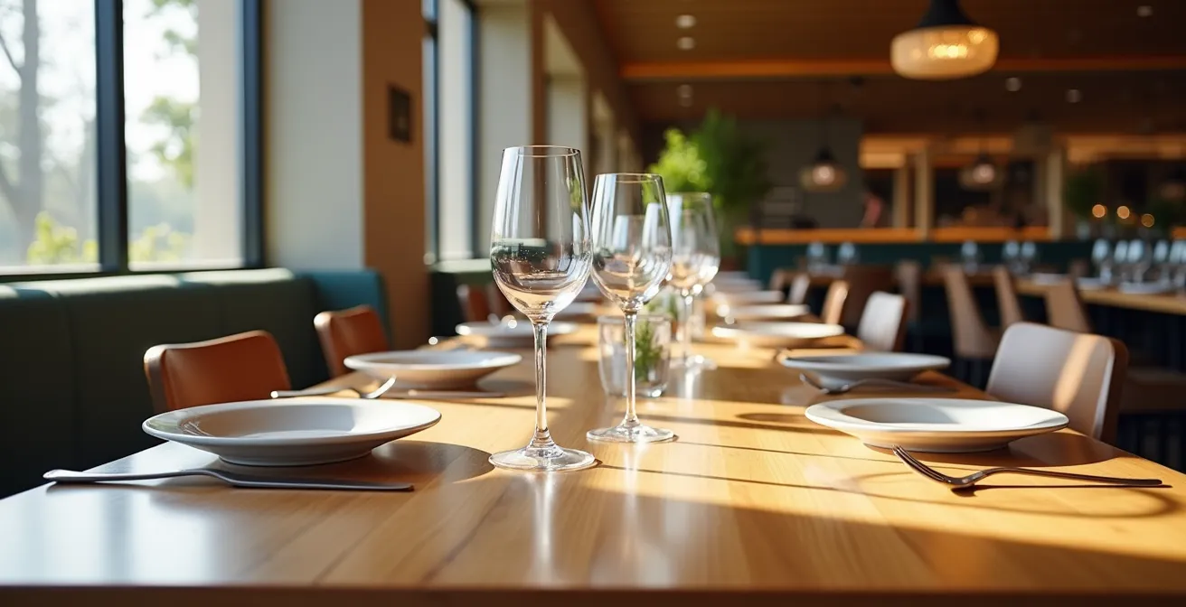 Table élégante en bois brut dans un restaurant gastronomique moderne, mise en place minimaliste