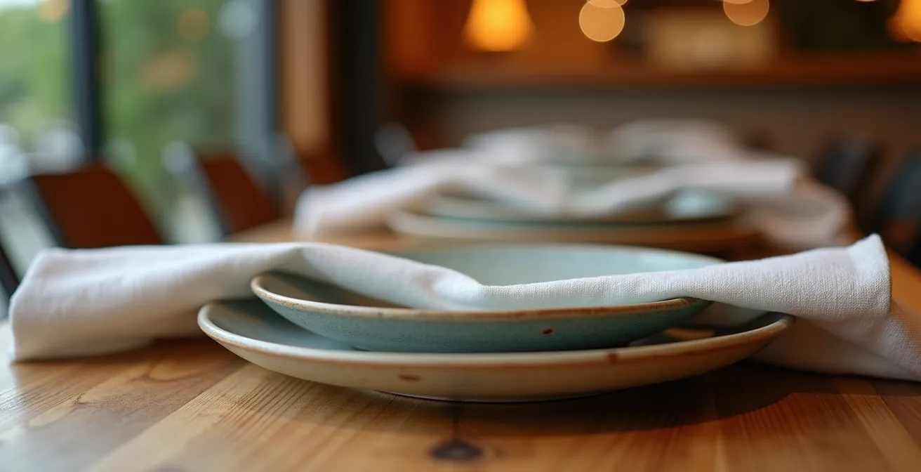 Table de restaurant avec plateau en bois massif sans nappe, décoration minimaliste et vaisselle design