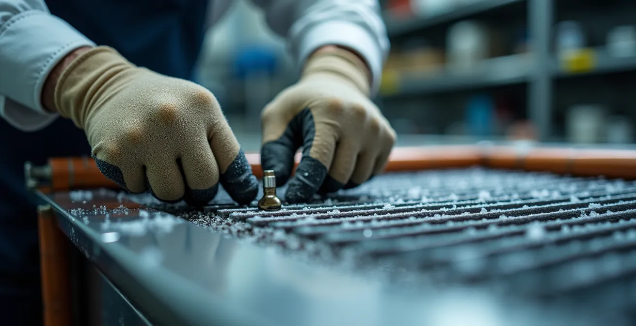 Gros plan macro sur les mains d'un technicien inspectant les composants d'un système de réfrigération