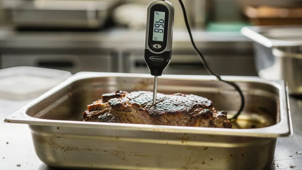 Thermomètre sonde affichant la température sur un plat dans un bac gastronorme inox
