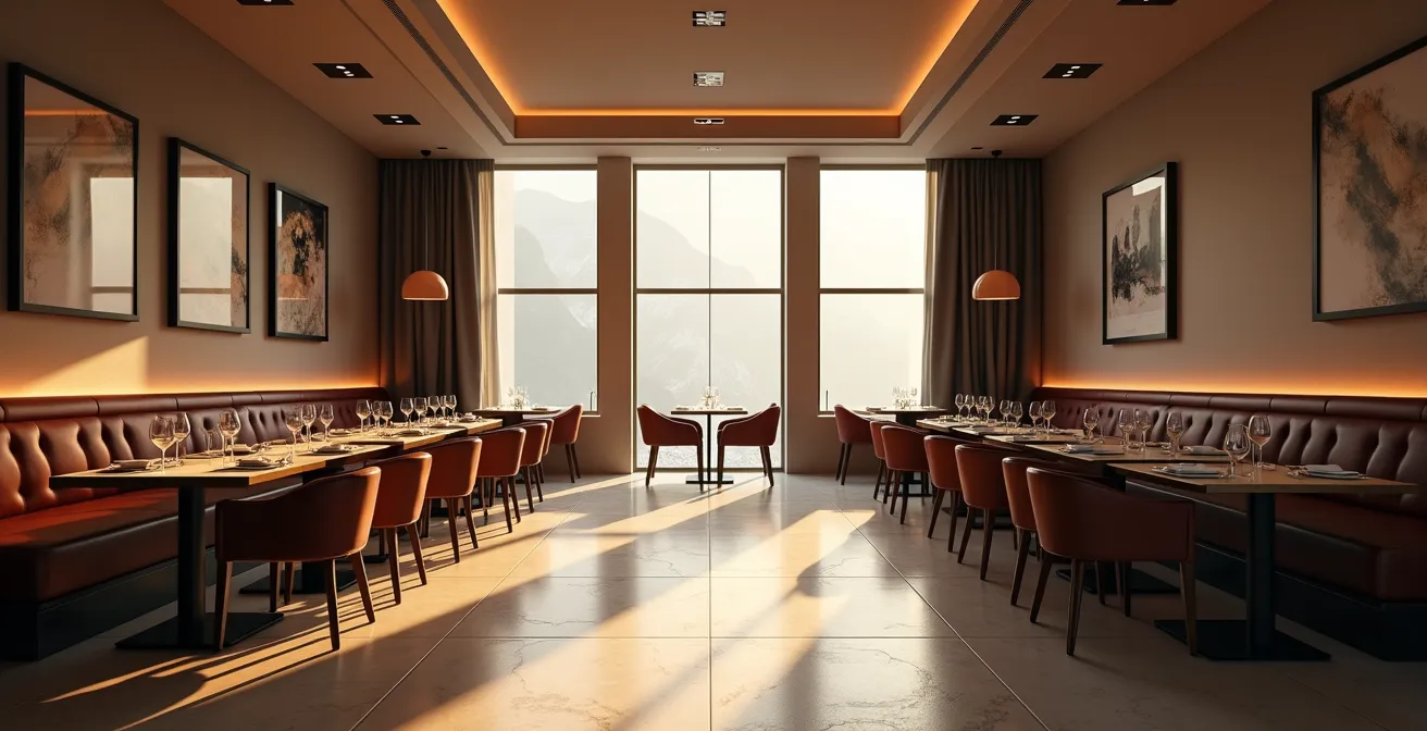 Salle de restaurant en configuration cocktail avec tables hautes et espace circulation