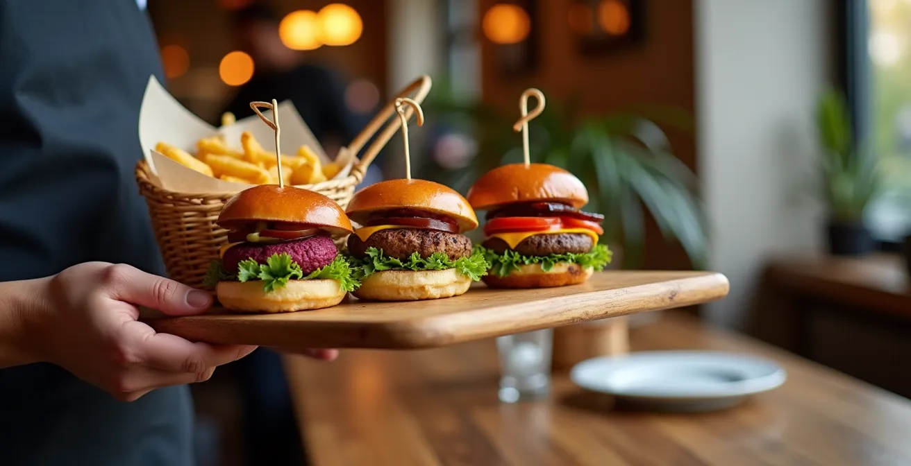 Trois mini-burgers végétaux colorés sur planche de dégustation en bois, mise en scène appétissante avec frites dorées