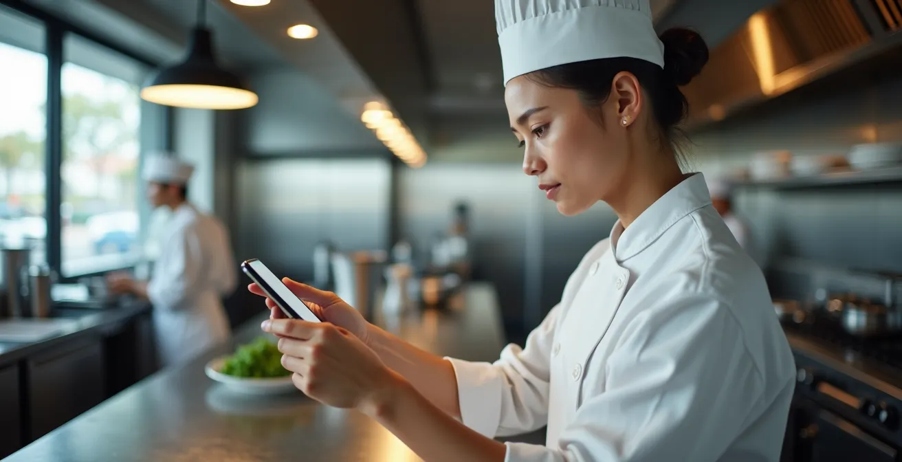 Jeune chef filmant une story Instagram dans une cuisine professionnelle
