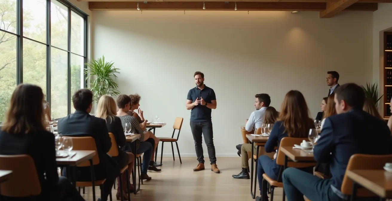 Vigneron captivant son auditoire avec une anecdote sur son terroir