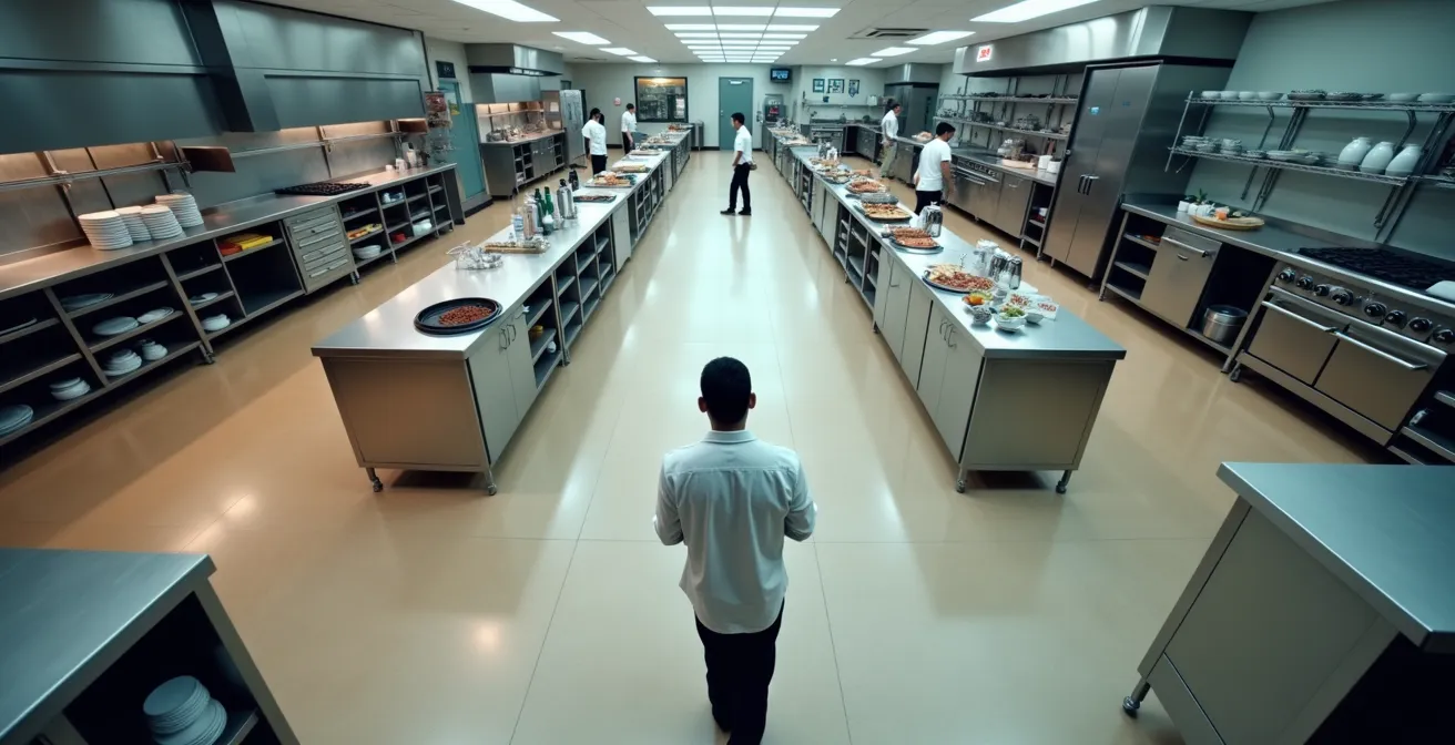 Vue aérienne d'une cuisine de restaurant avec zones d'apprentissage progressif
