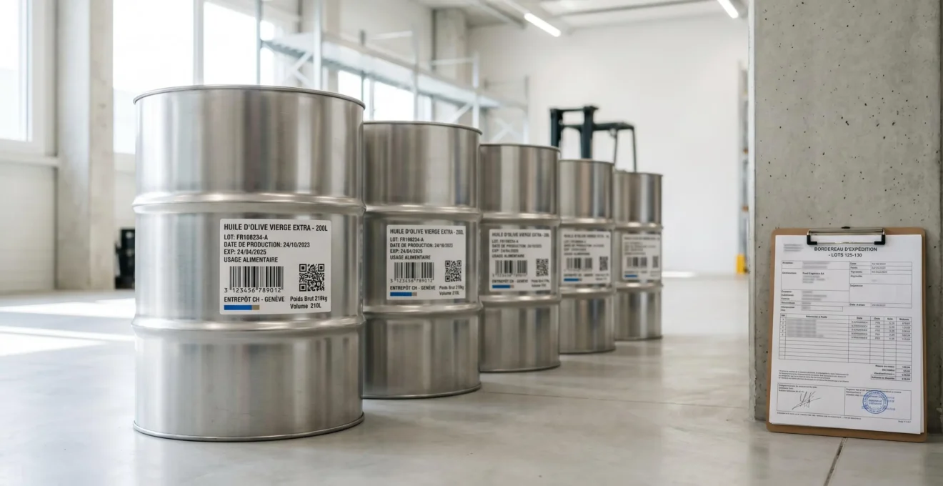 Alignement de fûts métalliques industriels avec étiquettes code-barre pour collecte d'huiles alimentaires usagées, sur sol béton dans espace logistique épuré, document officiel visible en arrière-plan