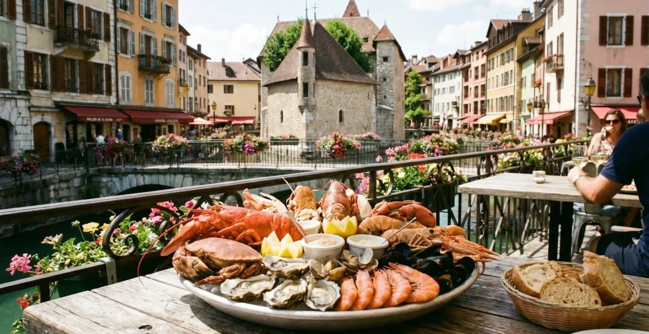 Banc de fruits de mer dressé sur une table en terrasse, face à la vieille ville d'Annecy