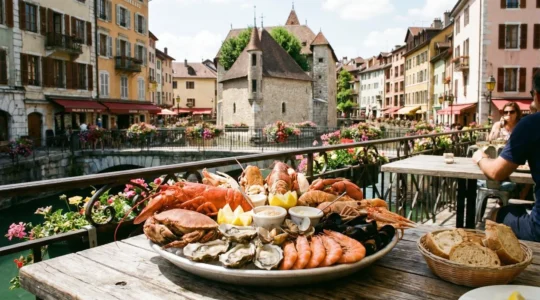 Banc de fruits de mer dressé sur une table en terrasse, face à la vieille ville d'Annecy