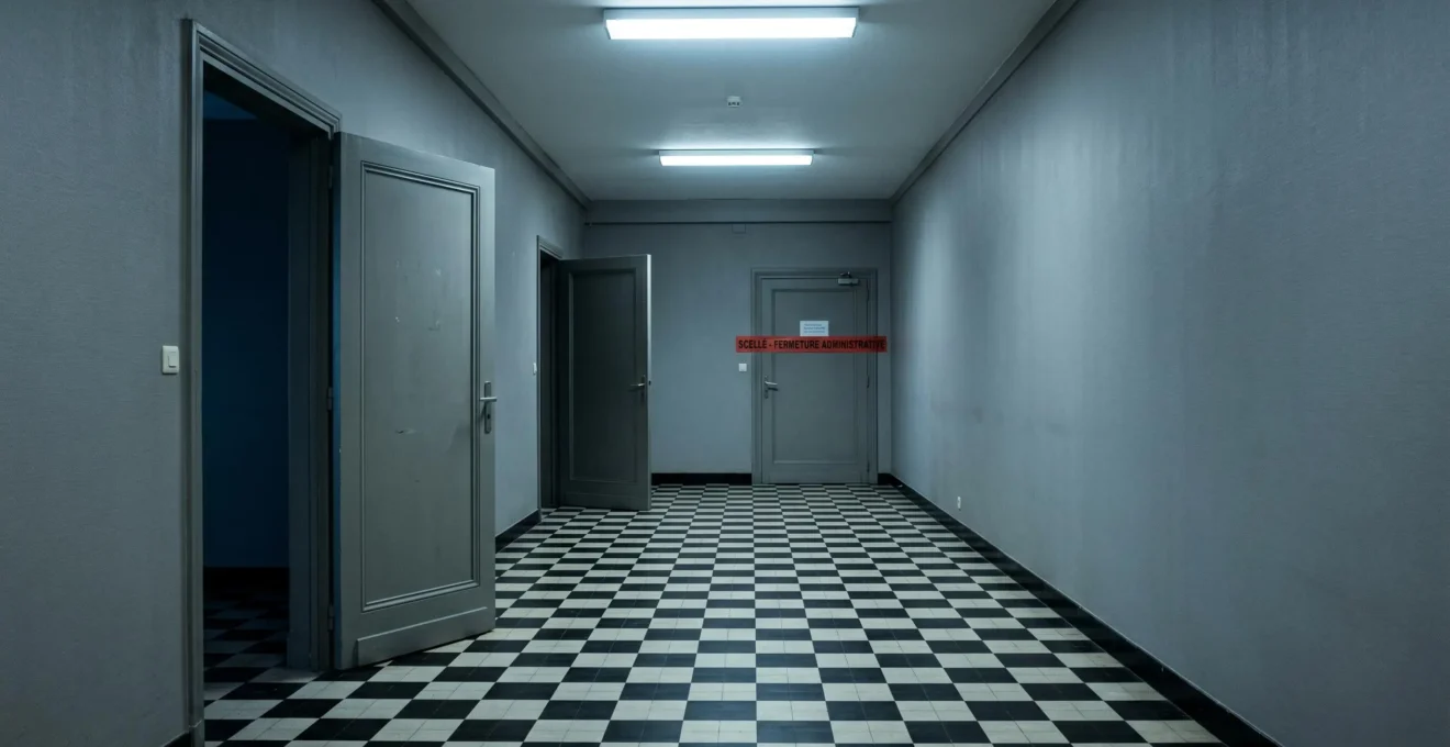 Couloir institutionnel avec trois portes administratives progressivement fermées, sol en damier noir et blanc, scellé rouge sur dernière porte symbolisant escalade sanctions administratives