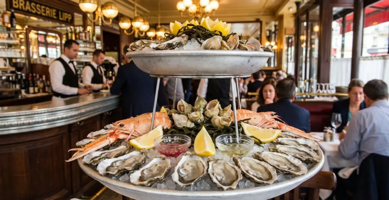 Plateau d'huîtres fraîches sur lit de glace pilée, dressé pour le service en brasserie