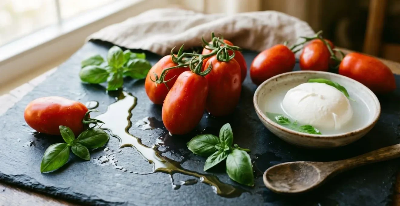 Tomates San Marzano fraîches, boule de mozzarella di bufala et feuilles de basilic vert sur fond sombre