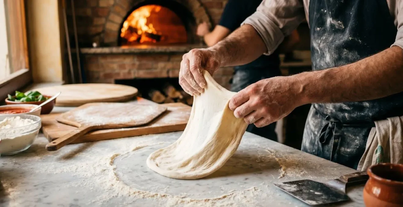 Mains d'un pizzaiolo étalant une pâte à pizza fine sur un plan de travail fariné, four à bois en arrière-plan