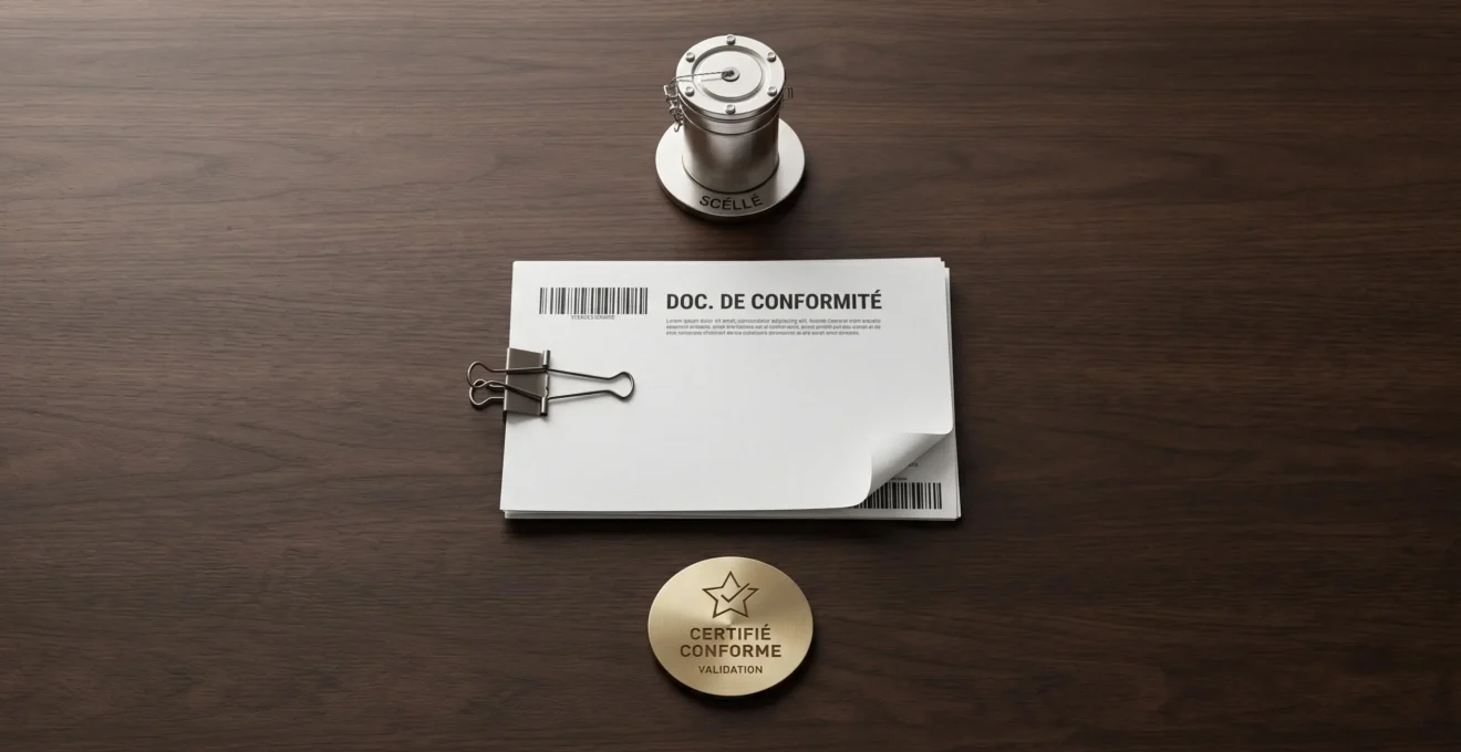 Schéma isométrique 3D illustrant circuit de collecte conforme en trois étapes : contenant étiqueté, document de traçabilité avec code-barre, badge de certification, reliés par flèches sur fond neutre