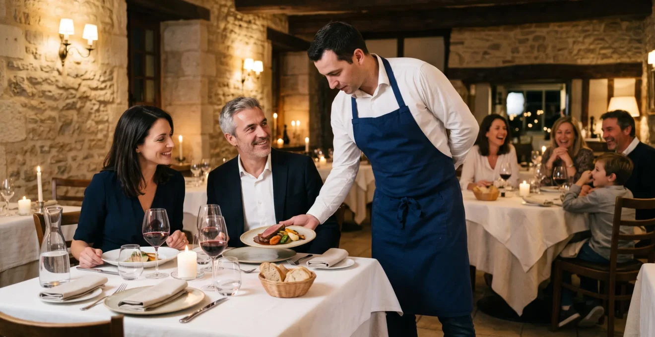 Un couple attablé dans un restaurant gastronomique français pendant qu'un serveur dépose un plat dressé, avec d'autres convives en arrière-plan.