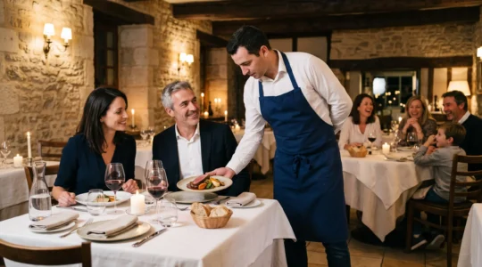 Un couple attablé dans un restaurant gastronomique français pendant qu'un serveur dépose un plat dressé, avec d'autres convives en arrière-plan.