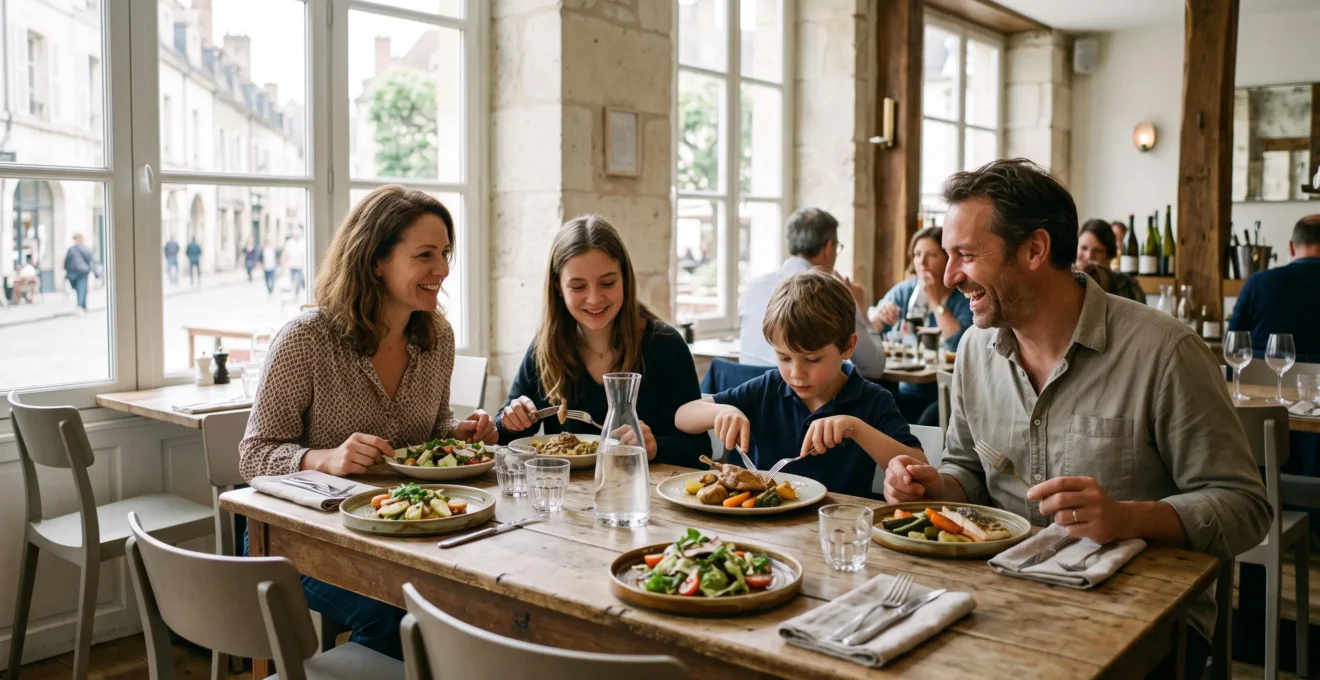 Une famille de quatre personnes déjeune ensemble à une table de restaurant bistronomique lumineux en France.