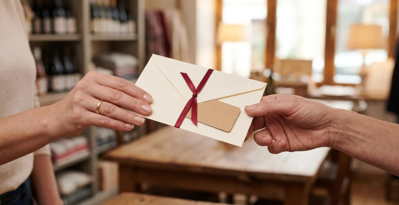 Deux paires de mains lors d'un échange de cadeau sous forme d'enveloppe et de carte, dans un cadre chaleureux.