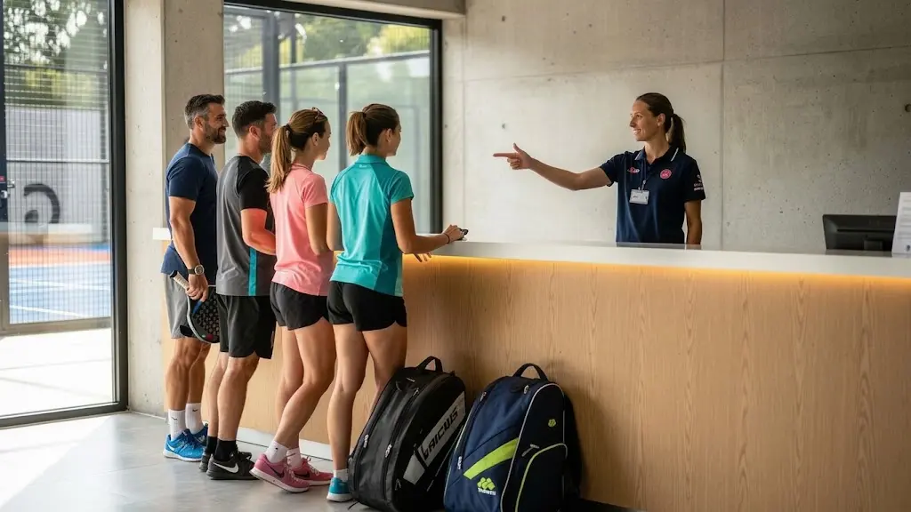 Un groupe de joueurs échange avec un employé à l'accueil d'un club de padel