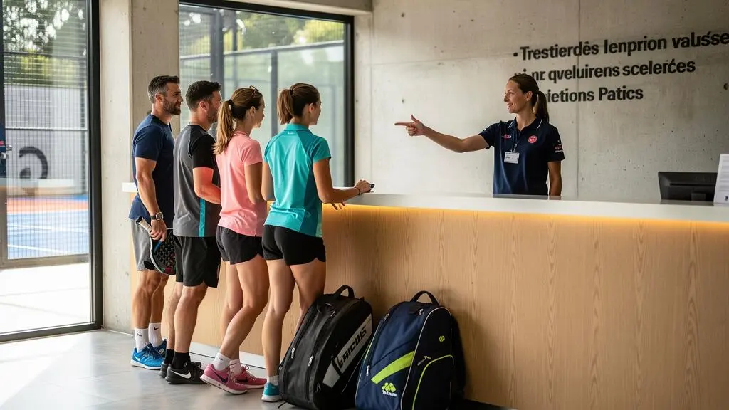 Un groupe de joueurs échange avec un employé à l'accueil d'un club de padel