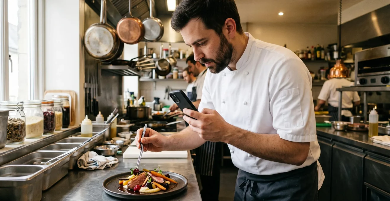 Un chef filme verticalement avec son smartphone le dressage d'un plat dans une cuisine professionnelle ouverte.