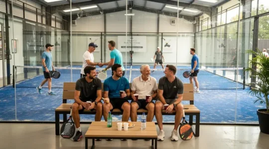 Joueurs de padel attablés dans le lounge d'un club moderne après un match