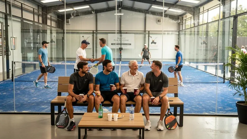 Joueurs de padel attablés dans le lounge d'un club moderne après un match
