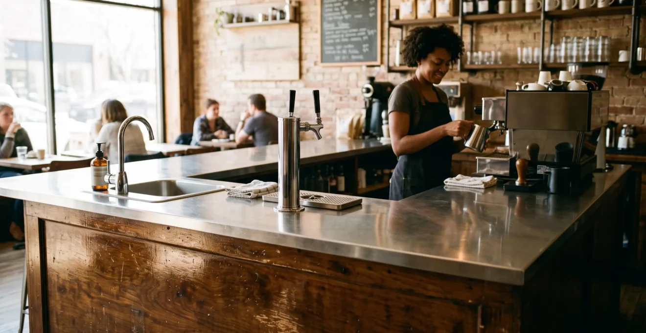 Un comptoir de bar d'occasion rénové installé dans un petit café.