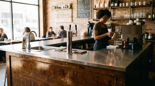 Un comptoir de bar d'occasion rénové installé dans un petit café.