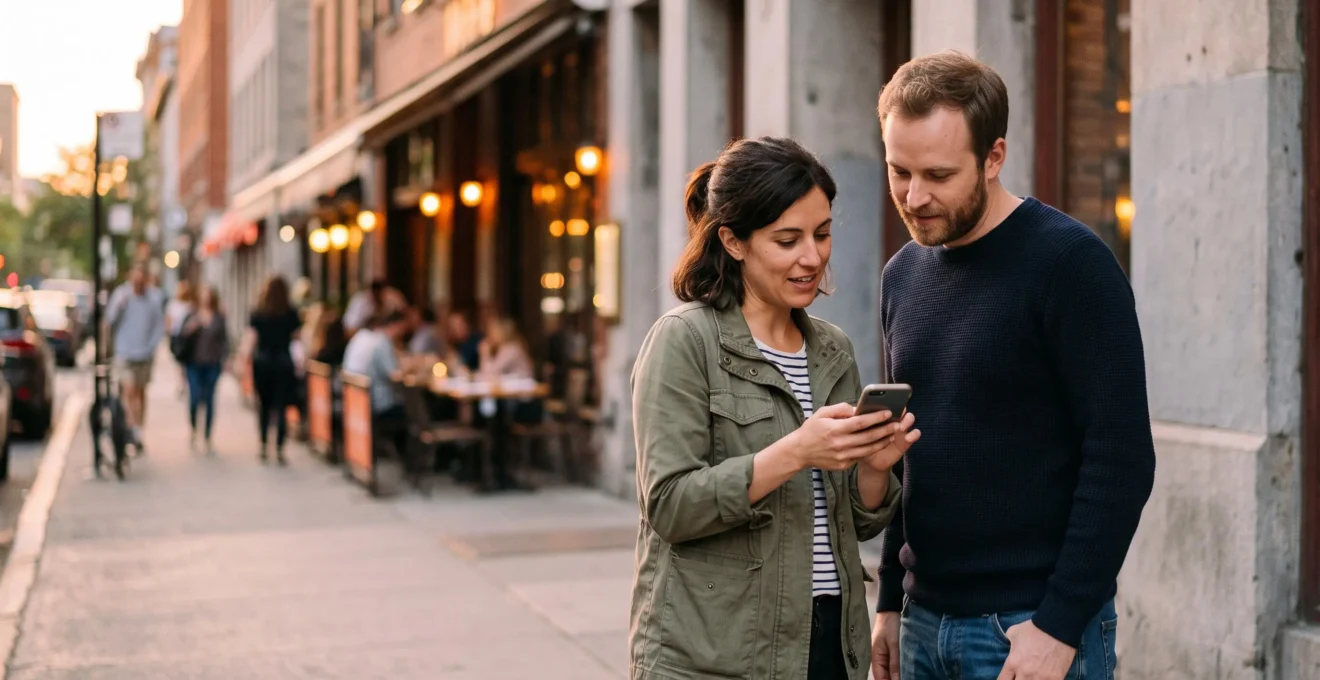Un couple debout sur un trottoir en début de soirée regarde ensemble un smartphone, devant des terrasses de restaurant illuminées.