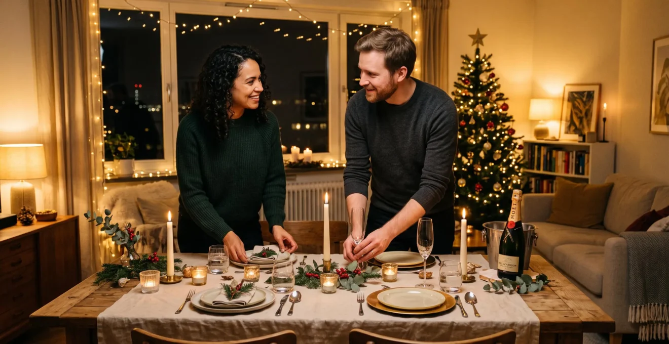 Un couple dresse une table festives aux chandelles pour le réveillon du 31 décembre.