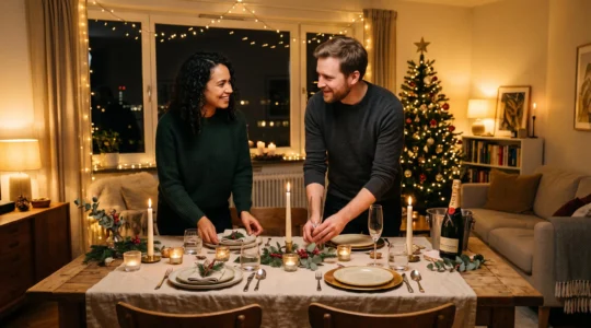 Un couple dresse une table festives aux chandelles pour le réveillon du 31 décembre.