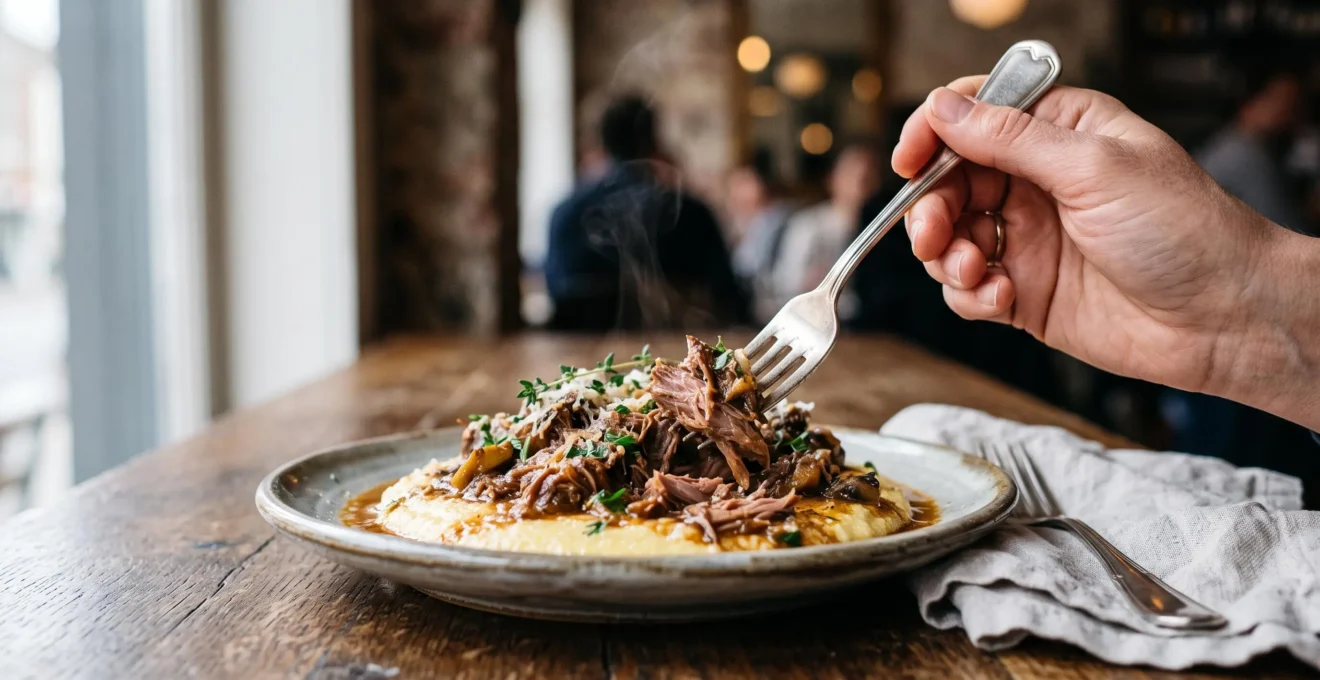 Gros plan d'un plat de restaurant appétissant photographié sous un angle de 45 degrés, une main y ajoutant de la texture avec une fourchette.
