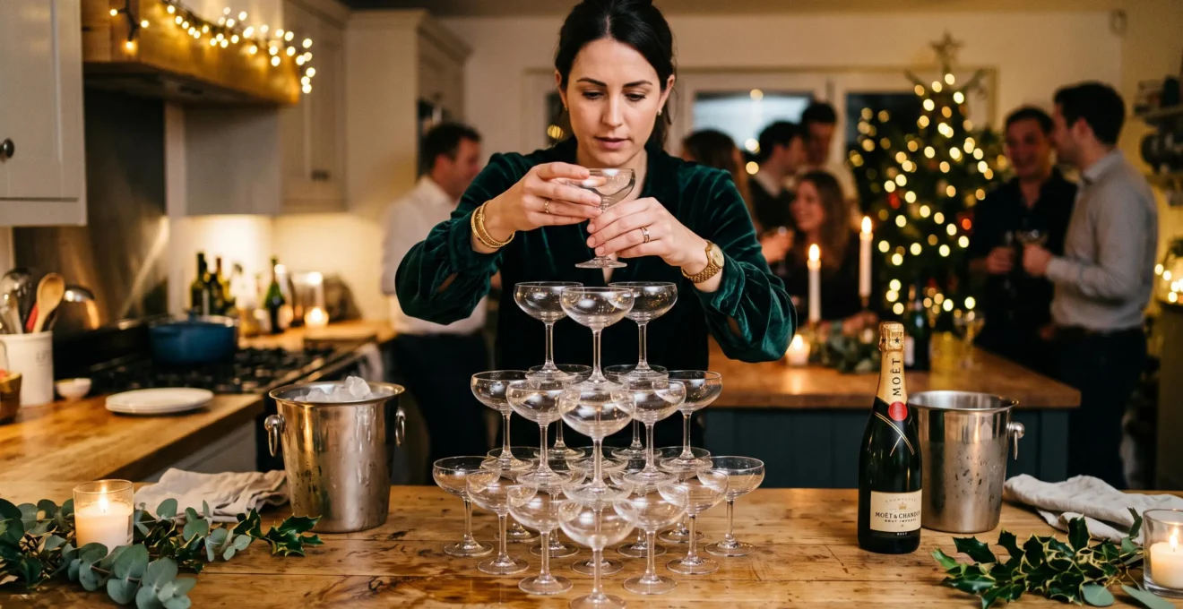 Une personne monte une pyramide de coupes de champagne sur un plan de travail.