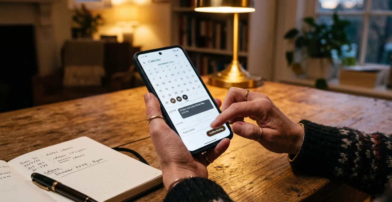Une personne réserve un dîner du réveillon sur son téléphone, calendrier ouvert à côté.