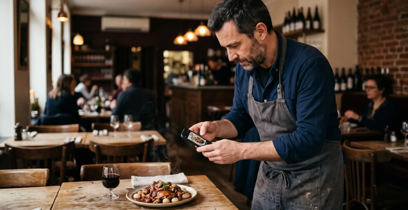 Un restaurateur photographie un plat dressé avec son smartphone près d'une fenêtre lumineuse dans la salle de son restaurant.