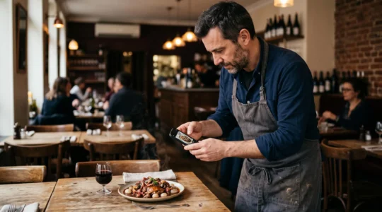 Un restaurateur photographie un plat dressé avec son smartphone près d'une fenêtre lumineuse dans la salle de son restaurant.