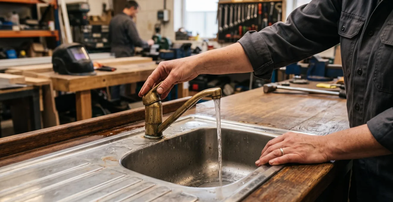 Des mains professionnelles vérifient l'évier intégré d'un comptoir de bar rénové.